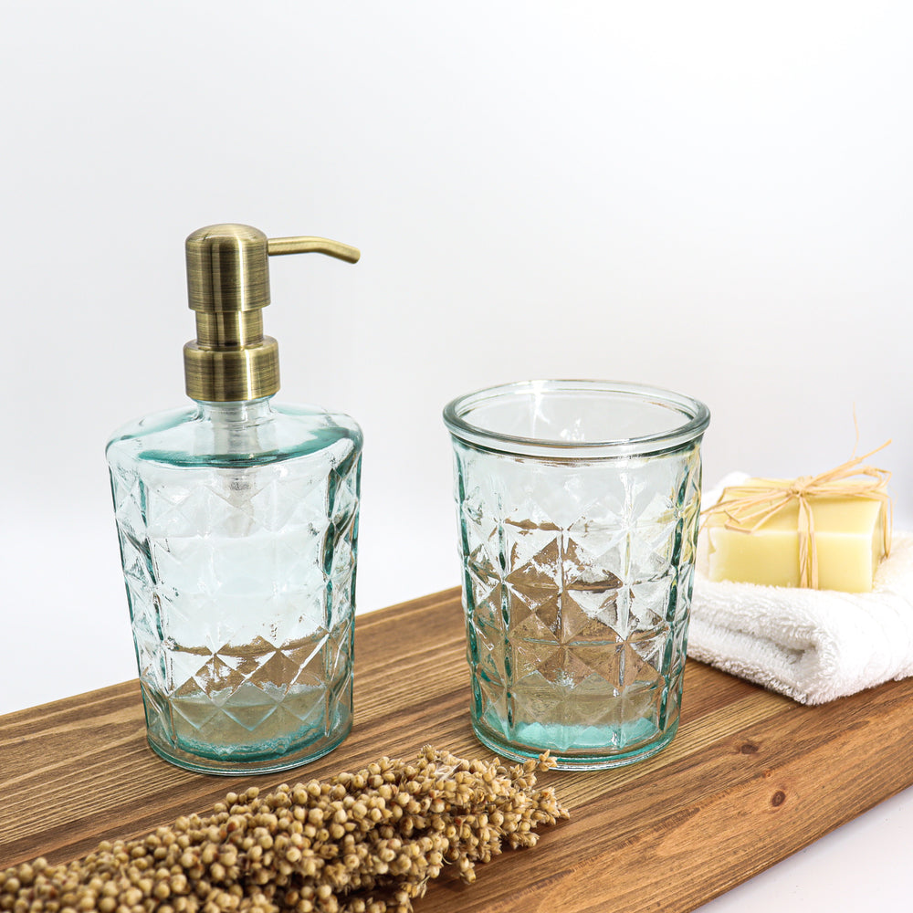 Recycled glass soap dispenser and tumbler set - white