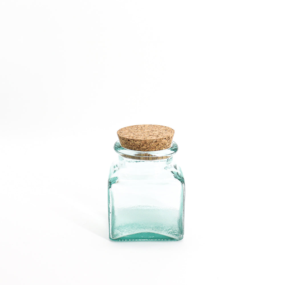 Small square storage jar with cork lid - recycled glass
