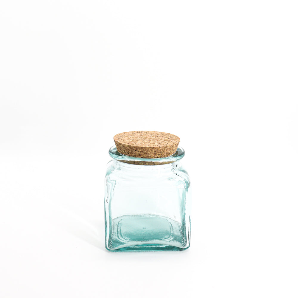 Medium square storage jar with cork lid - recycled glass