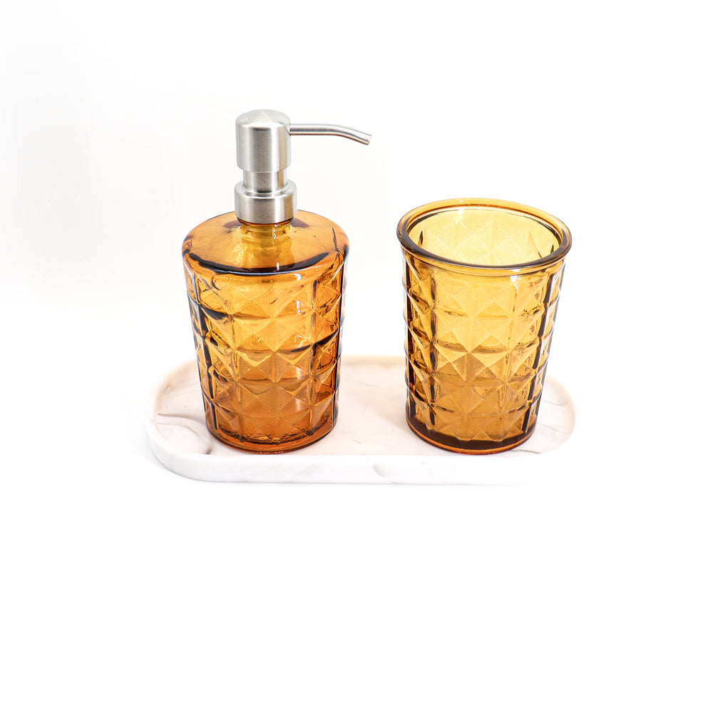 Recycled glass soap dispenser and tumbler set - vintage yellow - silver pump